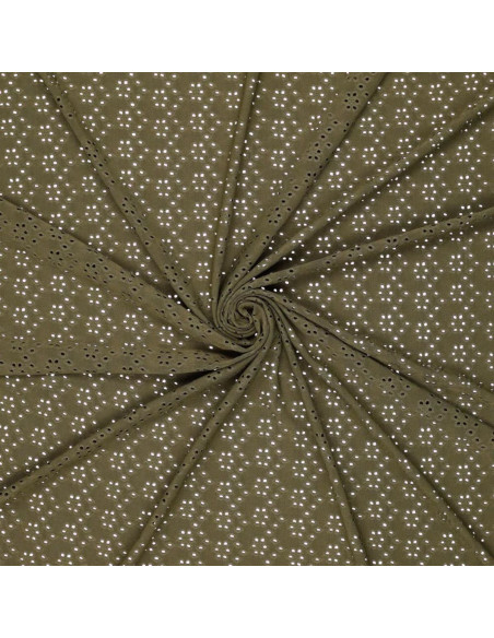 Tissu broderie anglaise extensible - Kaki