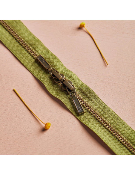 Fermeture double curseur Laiton et Matcha Leaf 40 cm - Atelier Brunette