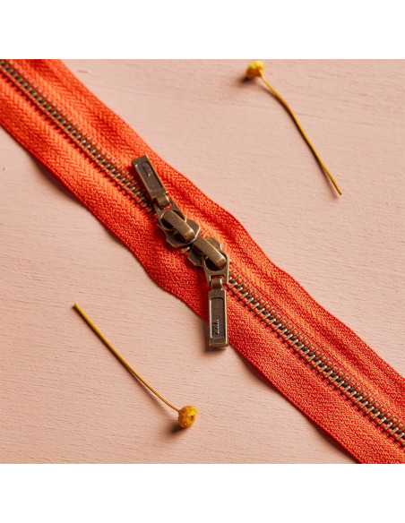 Fermeture double curseur Laiton et Tangerine 40 cm - Atelier Brunette