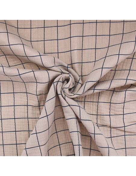 Tissu double gaze à carreaux - Galet et indigo
