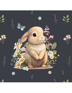 Panneau tissu sweat léger 40 cm x 50 cm - Lapin dans la clairière fond gris foncé