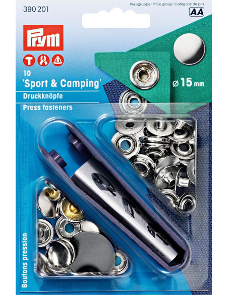 Boite de 10 boutons pression sport camping Nickel avec outil 15 mm