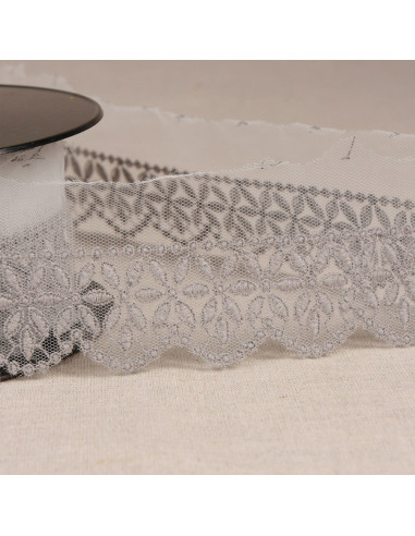 Tulle brodé fleurs rosace - Gris moyen