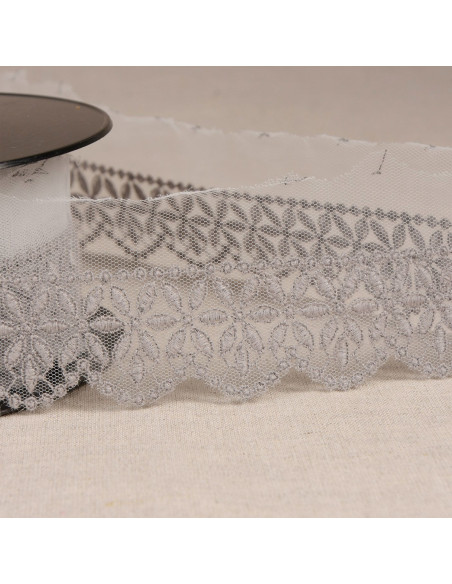 Tulle brodé fleurs rosace - Gris moyen