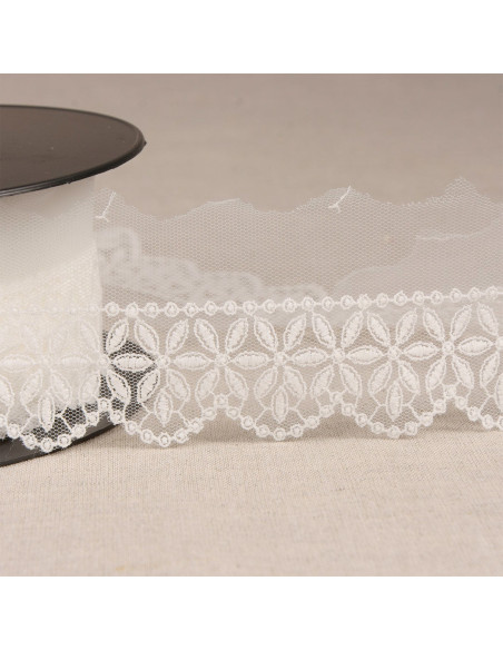 Tulle brodé fleurs rosace - Blanc