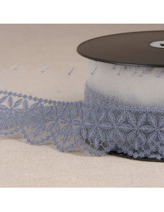 Tulle brodé fleurs rosace - Bleu lavande