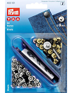 Boite de 24 rivets 9 mm avec outil - Argent et Noir