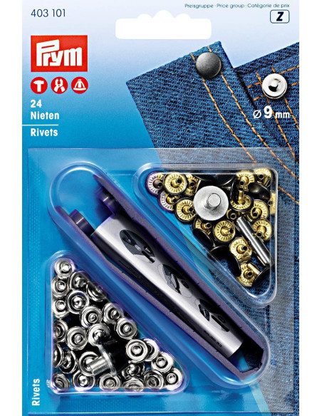 Boite de 24 rivets 9 mm avec outil - Argent et Noir