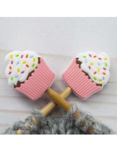 Bouchons stoppeurs de mailles pour aiguilles à tricoter - Cupcake rose