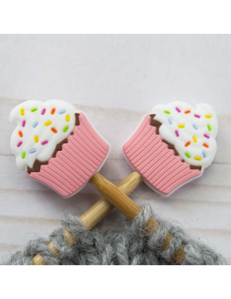 Bouchons stoppeurs de mailles pour aiguilles à tricoter - Cupcake rose