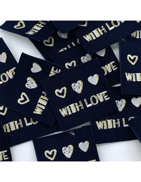 Lot de 5 étiquettes tissées à coudre With Love lurex