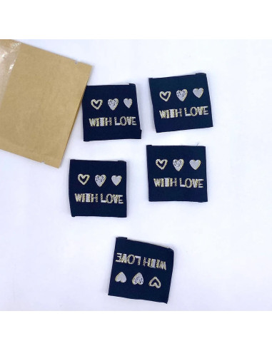 Lot de 5 étiquettes tissées à coudre With Love lurex