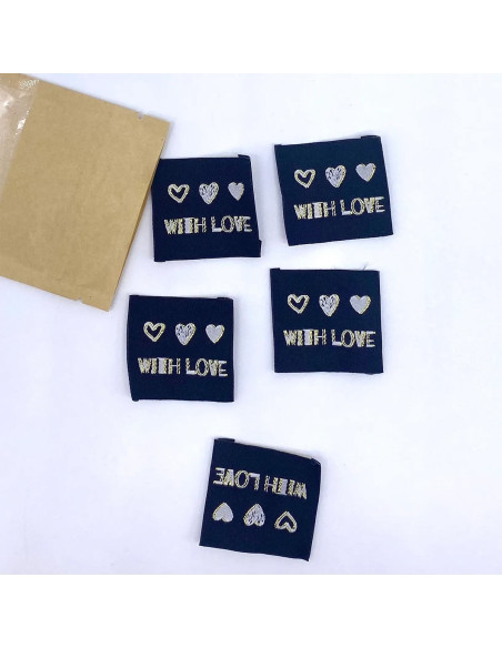 Lot de 5 étiquettes tissées à coudre With Love lurex