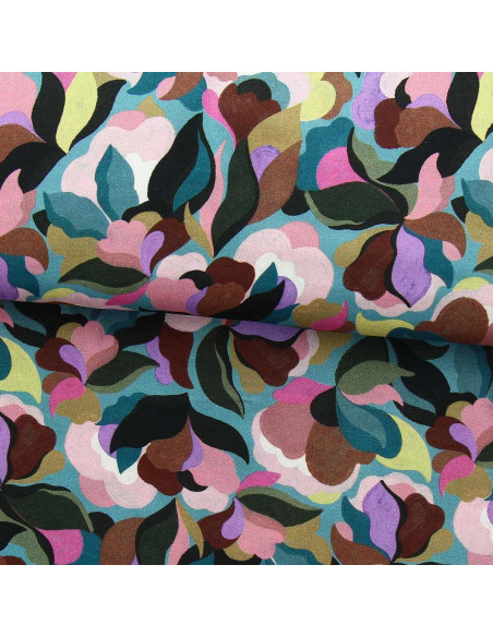Tissu viscose fantaisie - Abiva pierre bleue et rose