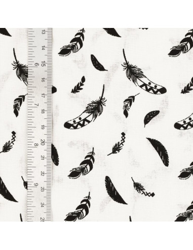 Tissu popeline de coton fantaisie - Plume noir