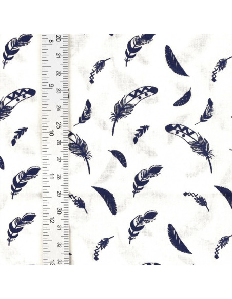Tissu popeline de coton fantaisie - Plume indigo
