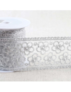 Broderie métallisée fleurs sur tulle - Argent