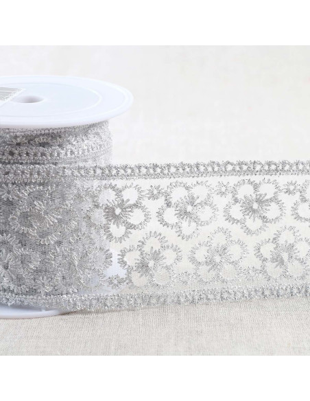 Broderie métallisée fleurs sur tulle - Argent