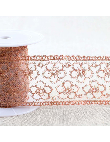 Broderie métallisée fleurs sur tulle - Or rose