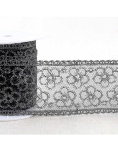 Broderie métallisée fleurs sur tulle - Noir et argent