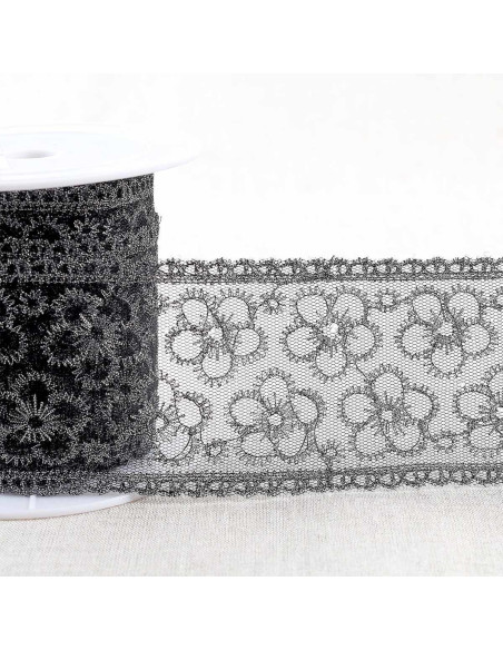 Broderie métallisée fleurs sur tulle - Noir et argent