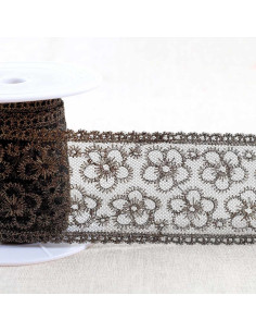 Broderie métallisée fleurs sur tulle - Noir et or