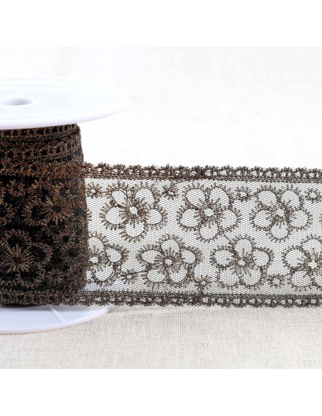 Broderie métallisée fleurs sur tulle - Noir et or
