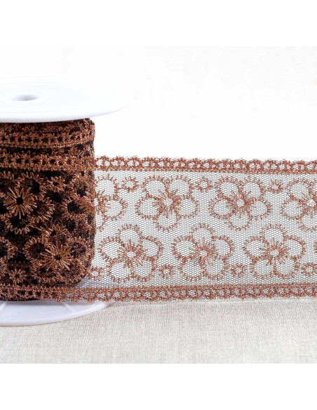 Broderie métallisée fleurs sur tulle - Noir, or et rose