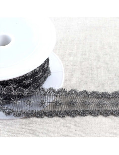 Broderie métallisée étoiles sur tulle - Noir et argent