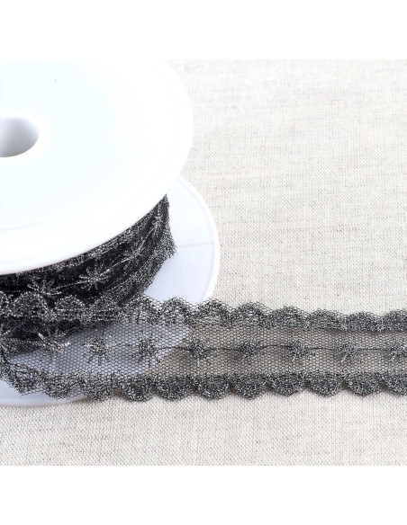 Broderie métallisée étoiles sur tulle - Noir et argent