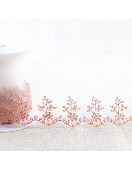 Broderie métallisée champêtre sur tulle - Or rose