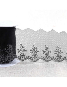 Broderie métallisée champêtre sur tulle - Noir et argent