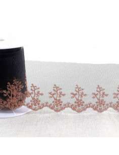 Broderie métallisée champêtre sur tulle - Noir, or et rose