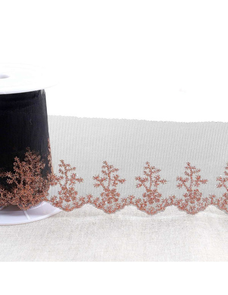 Broderie métallisée champêtre sur tulle - Noir, or et rose