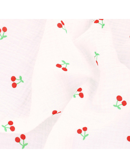 Tissu double gaze de coton - Cerises fond blanc