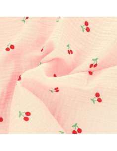 Tissu double gaze de coton - Cerises fond rose