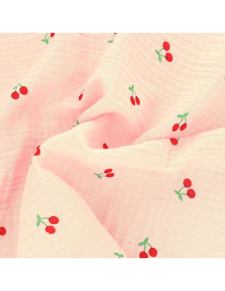 Tissu double gaze de coton - Cerises fond rose