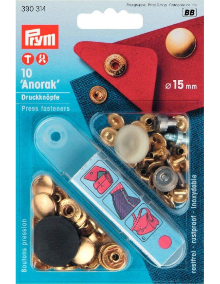Boite de 10 boutons pression anorak Or avec outil 15 mm