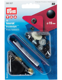 Boite de 10 boutons pression anorak Noir avec outil 15 mm