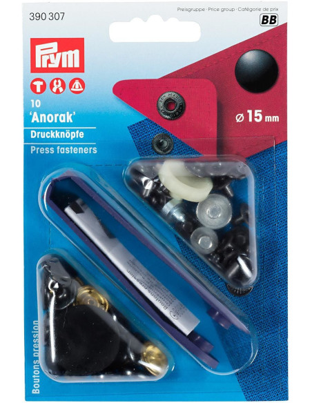 Boite de 10 boutons pression anorak Noir avec outil 15 mm
