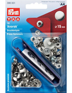 Boite de 10 boutons pression anorak Argent avec outil 15 mm