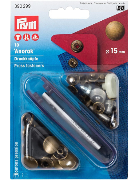 Boite de 10 boutons pression anorak Laiton avec outil 15 mm
