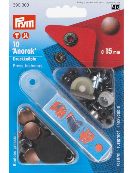 Boite de 10 boutons pression anorak Cuivre antique avec outil 15 mm
