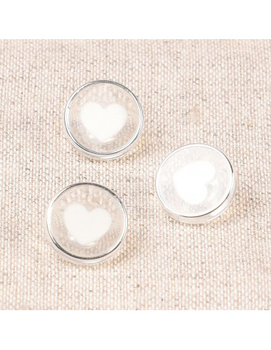 Bouton transparent coeur 11 mm - Blanc