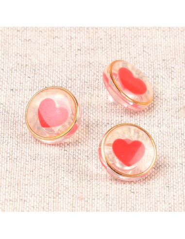 Bouton transparent coeur 11 mm - Rouge