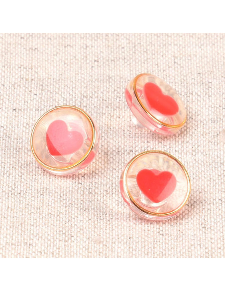 Bouton transparent coeur 11 mm - Rouge