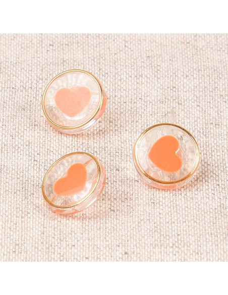 Bouton transparent coeur 11 mm - Orange