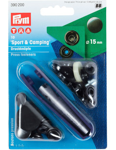 Boite de 10 boutons pression sport camping Noir avec outil 15 mm
