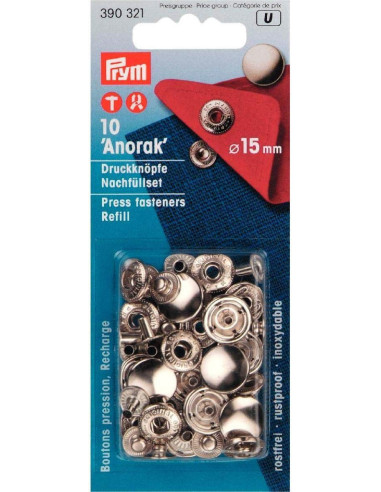Recharge de 10 boutons pression anorak 15 mm Argent