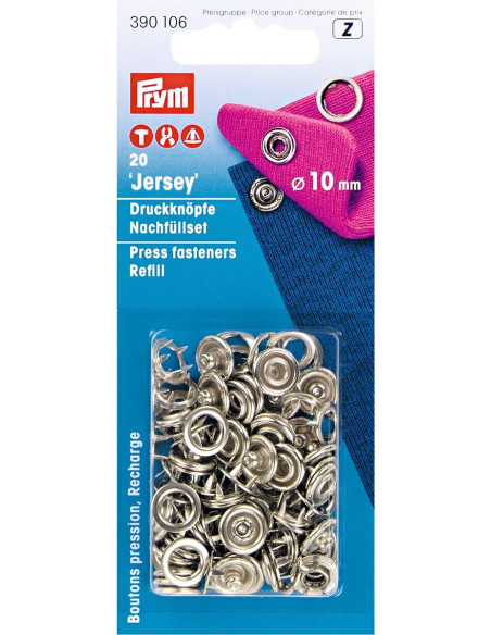 Recharge de 20 boutons pression jersey 10 mm Argent